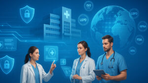 Ilustração digital futurista de um hospital inteligente interconectado por linhas de dados azuis, com profissionais de saúde interagindo com interfaces holográficas. Elementos visuais incluem cadeados translúcidos e escudos holográficos representando segurança de dados, além de um globo digital simbolizando rede global. Fundo azul institucional com atmosfera tecnológica e confiável.
